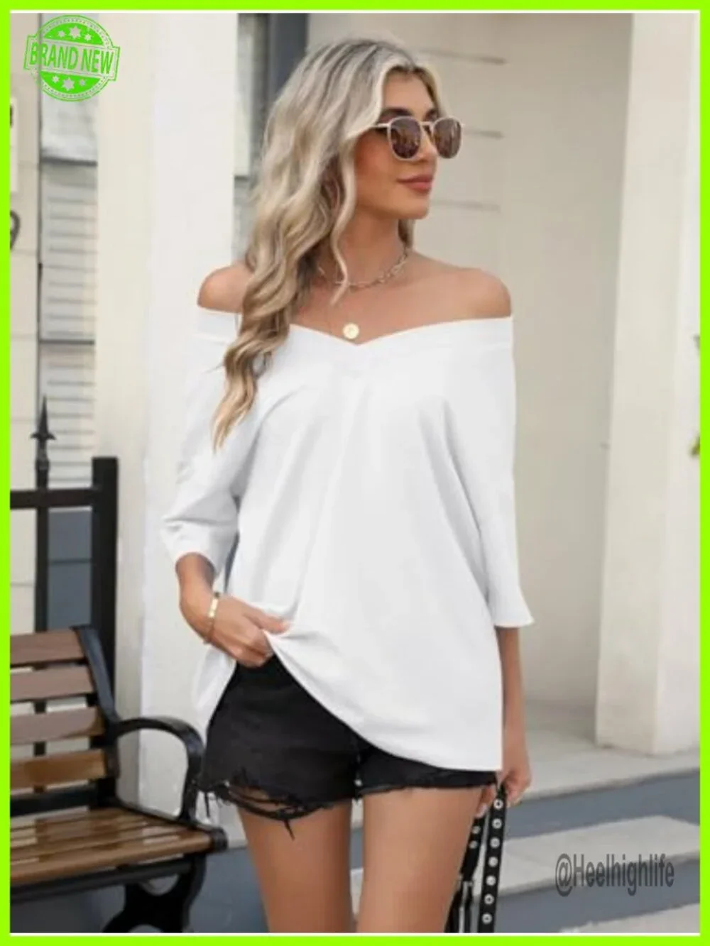 Oversized V Neck Ribbed Trim Short Sleeve Tee